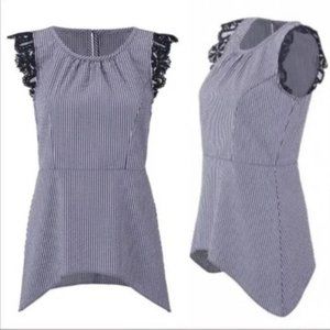 Cabi Olivia Striped Lace Flutter Sleeve Top | Blue White | Size Medium